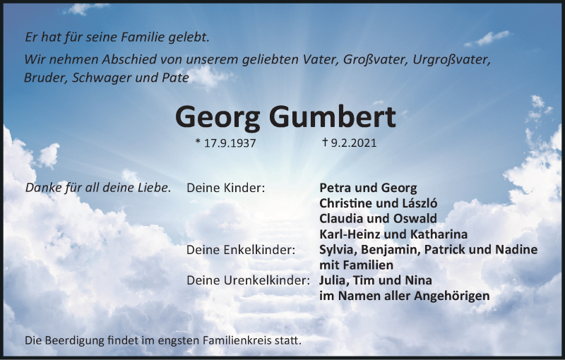  Traueranzeige für Georg Gumbert vom 13.02.2021 aus MGO