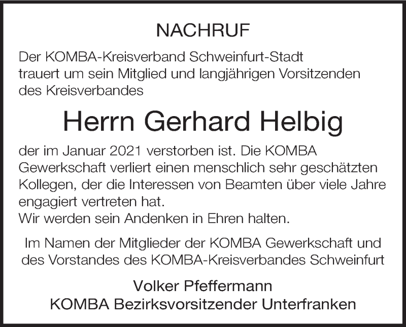  Traueranzeige für Gerhard Helbig vom 20.02.2021 aus MGO