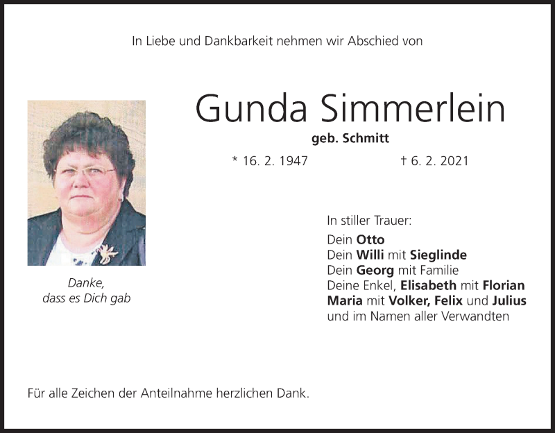  Traueranzeige für Gunda Simmerlein vom 09.02.2021 aus MGO