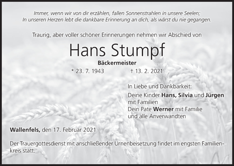  Traueranzeige für HAns Stumpf vom 17.02.2021 aus MGO