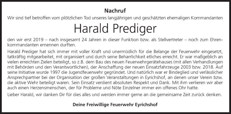  Traueranzeige für Harald Prediger vom 09.02.2021 aus MGO