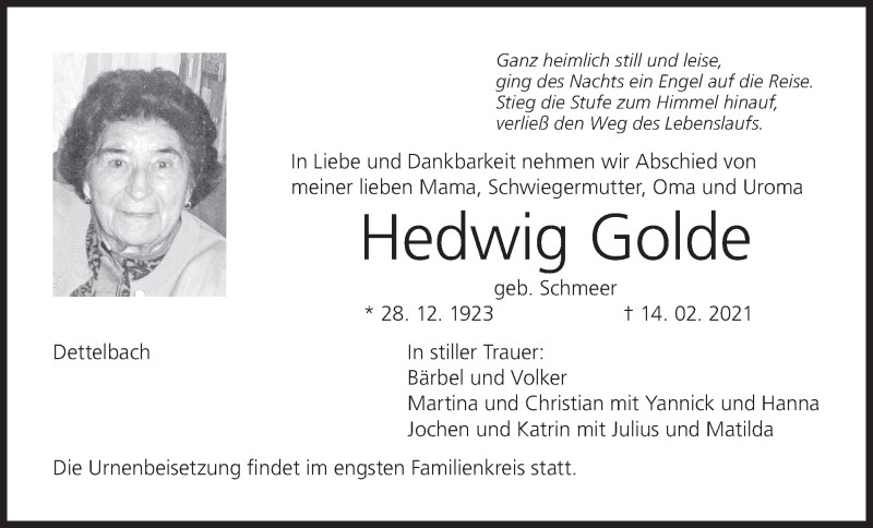  Traueranzeige für Hedwig Golde vom 24.02.2021 aus MGO