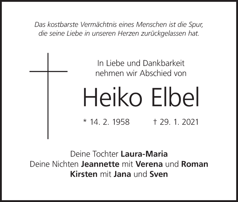  Traueranzeige für Heiko Elbel vom 03.02.2021 aus MGO