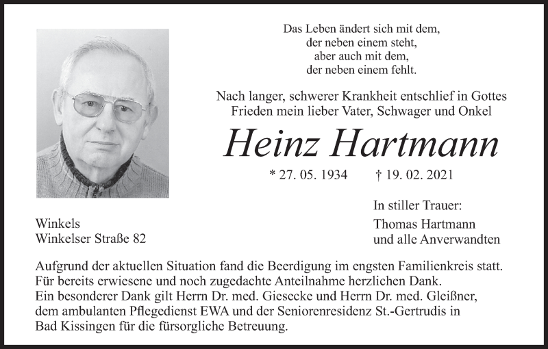  Traueranzeige für Heinz Hartmann vom 27.02.2021 aus MGO