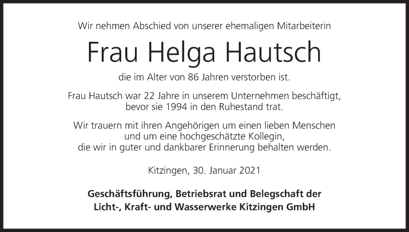  Traueranzeige für Helga Hautsch vom 12.02.2021 aus MGO