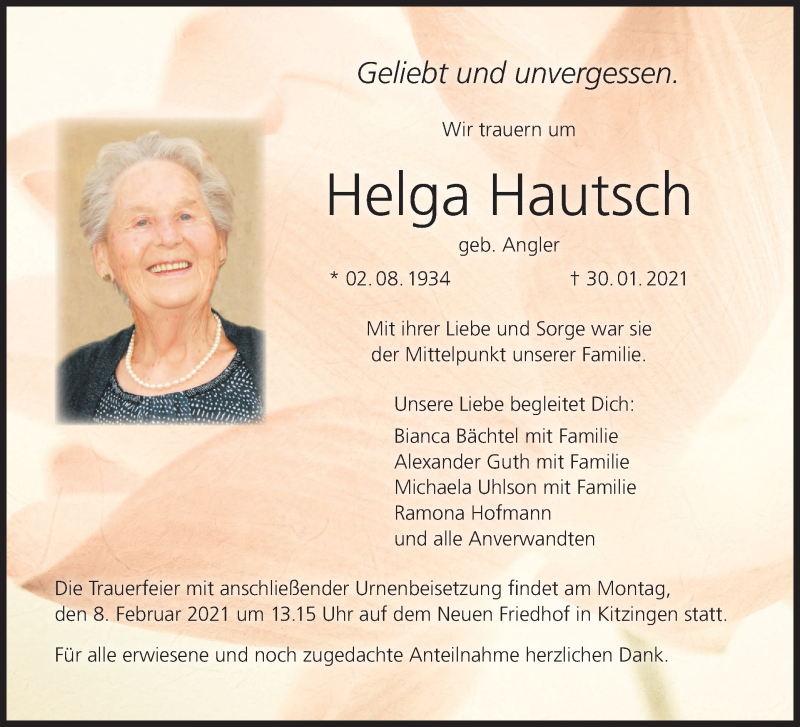  Traueranzeige für Helga Hautsch vom 03.02.2021 aus MGO