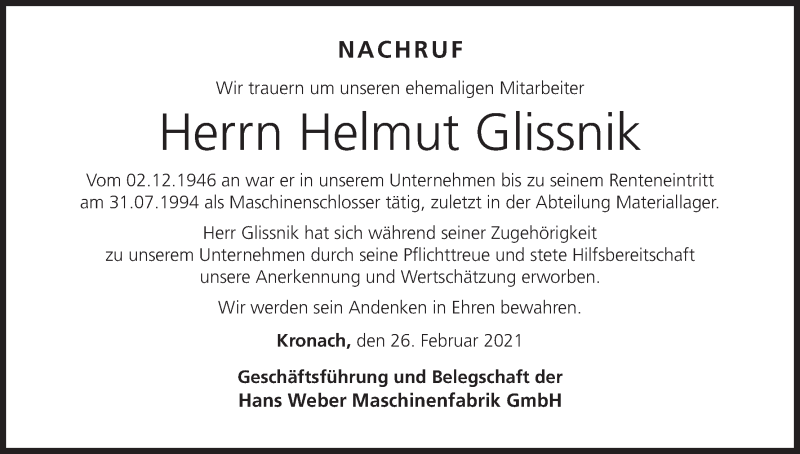  Traueranzeige für Helmut Glissnik vom 26.02.2021 aus MGO