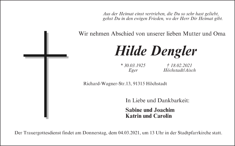  Traueranzeige für Hilde Dengler vom 27.02.2021 aus MGO