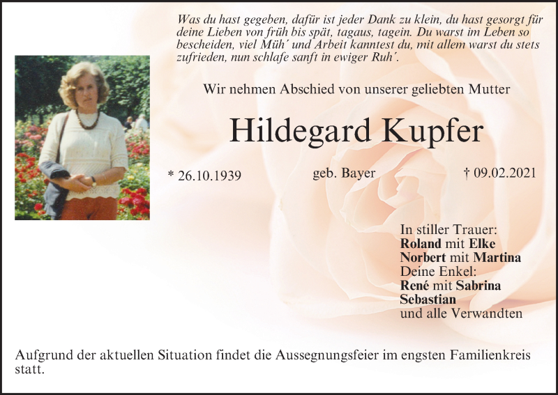  Traueranzeige für Hildegard Kupfer vom 13.02.2021 aus MGO