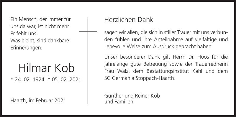  Traueranzeige für Hilmar Kob vom 27.02.2021 aus MGO