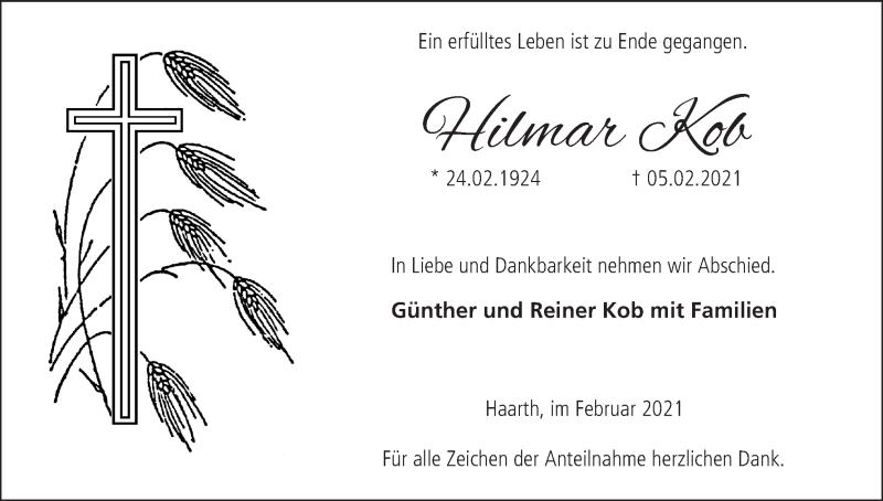  Traueranzeige für Hilmar Kob vom 13.02.2021 aus MGO