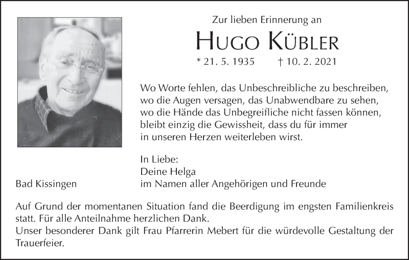  Traueranzeige für Hugo Kübler vom 27.02.2021 aus MGO