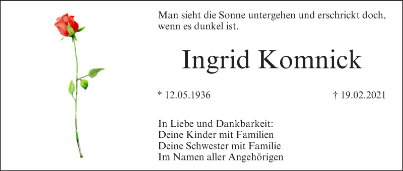  Traueranzeige für Ingrid Komnick vom 27.02.2021 aus MGO