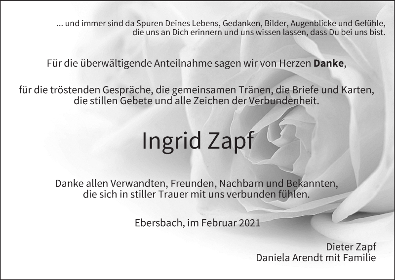  Traueranzeige für Ingrid Zapf vom 20.02.2021 aus MGO