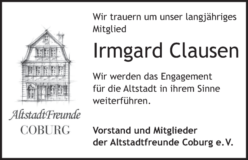  Traueranzeige für Irmgard Clausen vom 18.02.2021 aus MGO