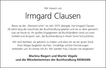 Anzeige von Irmgard Clausen von MGO
