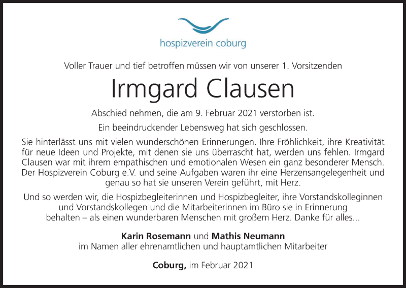  Traueranzeige für Irmgard Clausen vom 17.02.2021 aus MGO