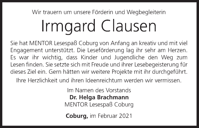  Traueranzeige für Irmgard Clausen vom 19.02.2021 aus MGO