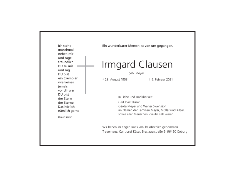  Traueranzeige für Irmgard Clausen vom 17.02.2021 aus MGO