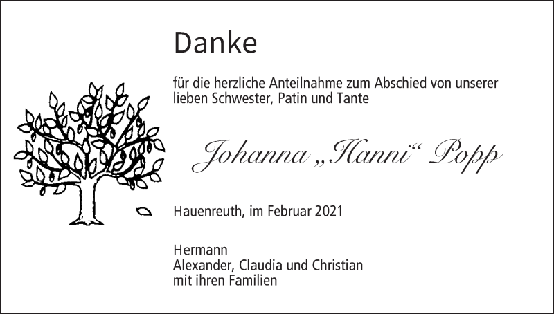  Traueranzeige für Johanna Popp vom 13.02.2021 aus MGO