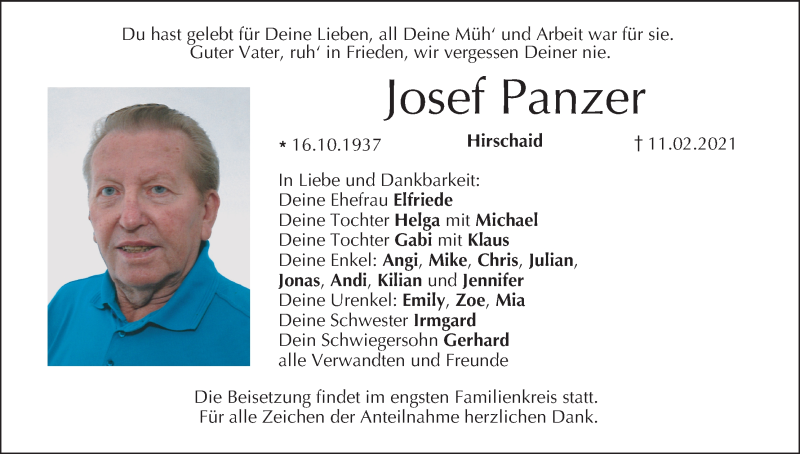  Traueranzeige für Josef Panzer vom 13.02.2021 aus MGO