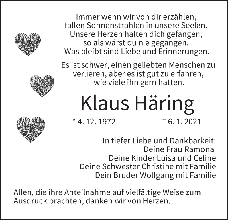  Traueranzeige für Klaus Häring vom 06.02.2021 aus MGO
