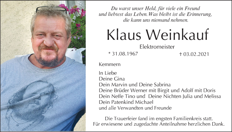  Traueranzeige für Klaus Weinkauf vom 13.02.2021 aus MGO