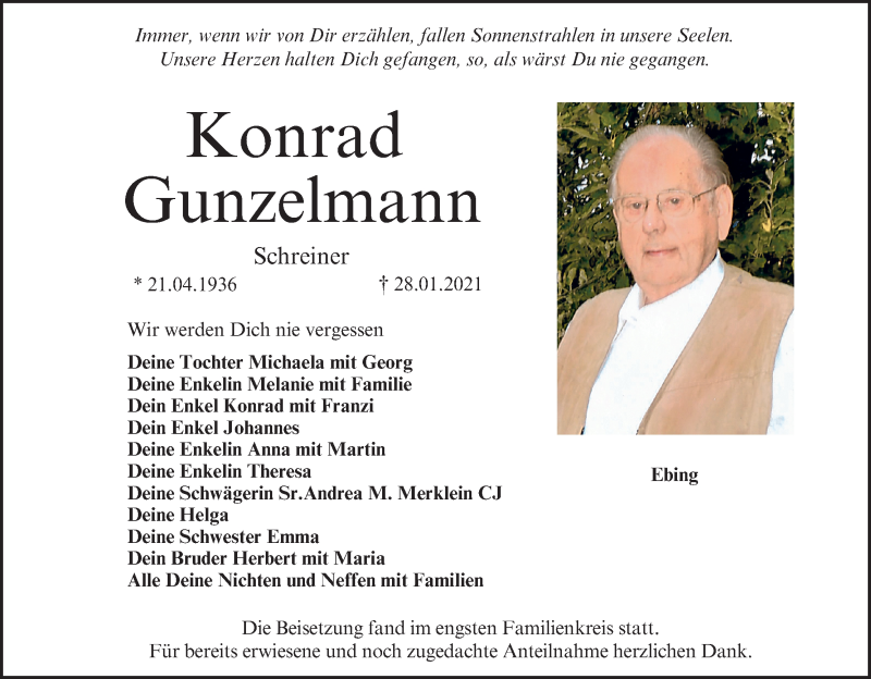  Traueranzeige für Konrad Gunzelmann vom 06.02.2021 aus MGO