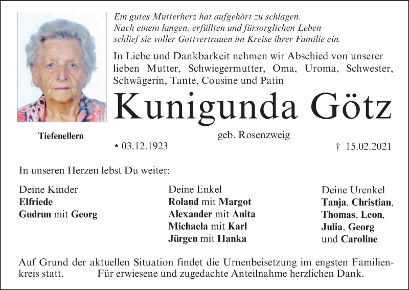  Traueranzeige für Kunigunda Götz vom 20.02.2021 aus MGO