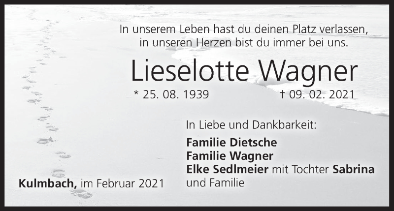  Traueranzeige für Lieselotte Wagner vom 27.02.2021 aus MGO