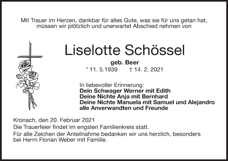  Traueranzeige für Liselotte Schössel vom 20.02.2021 aus MGO