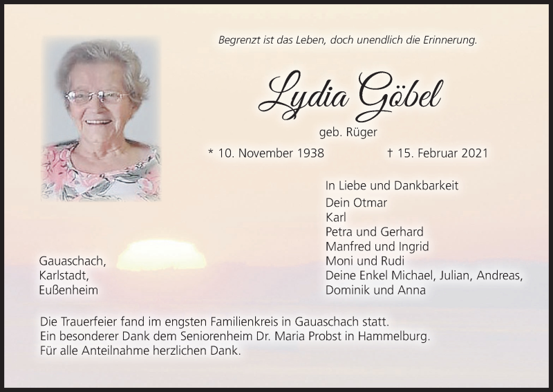  Traueranzeige für Lydia Göbel vom 27.02.2021 aus MGO