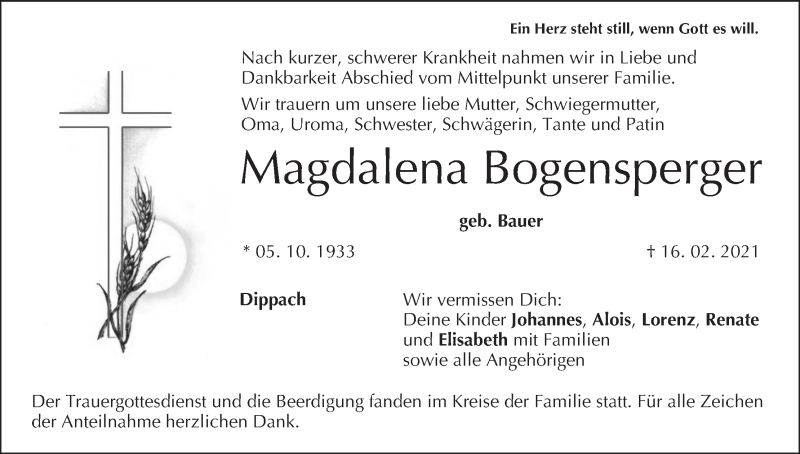  Traueranzeige für Magdalena Bogensperger vom 27.02.2021 aus MGO