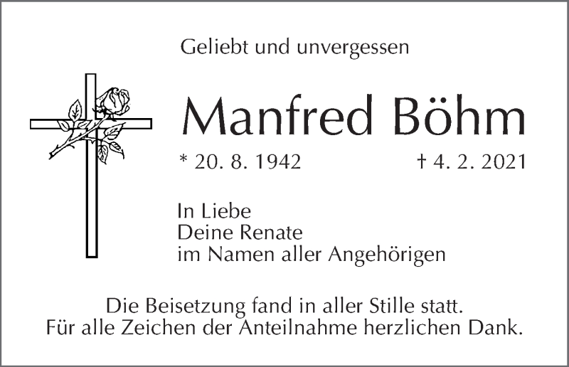  Traueranzeige für Manfred Böhm vom 20.02.2021 aus MGO