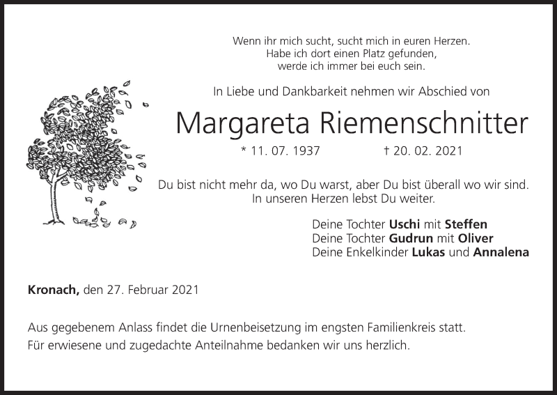  Traueranzeige für Margareta Riemenschnitter vom 27.02.2021 aus MGO