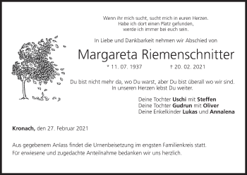 Anzeige von Margareta Riemenschnitter von MGO