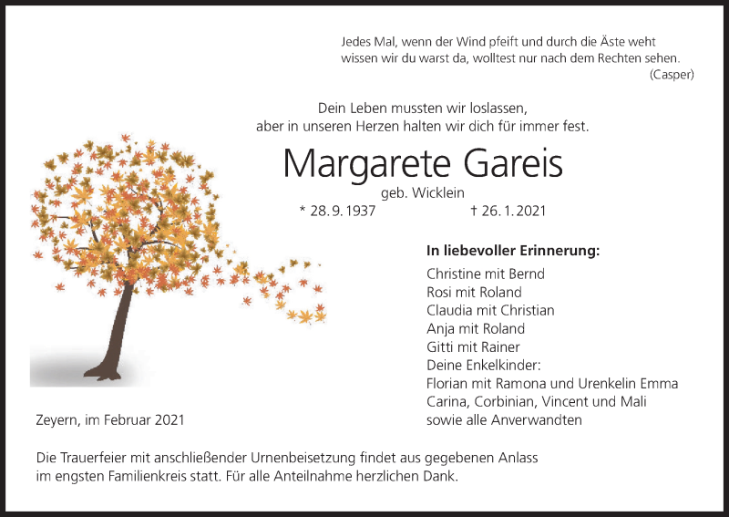  Traueranzeige für Margarete Gareis vom 03.02.2021 aus MGO