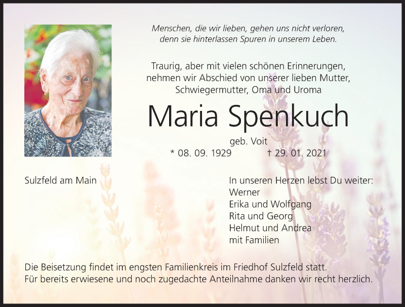  Traueranzeige für Maria Spenkuch vom 02.02.2021 aus MGO