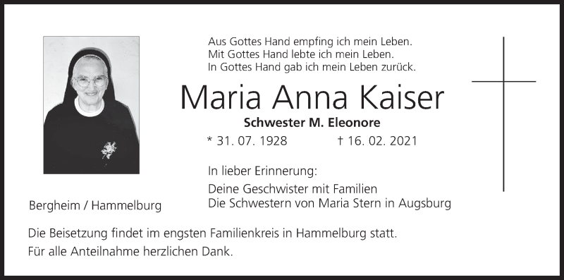  Traueranzeige für Maria Anna Kaiser vom 27.02.2021 aus MGO
