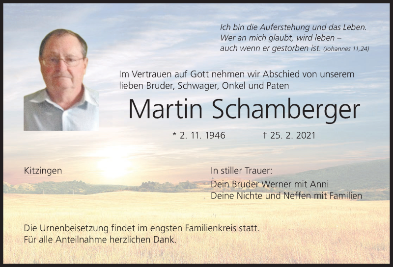  Traueranzeige für Martin Schamberger vom 27.02.2021 aus MGO