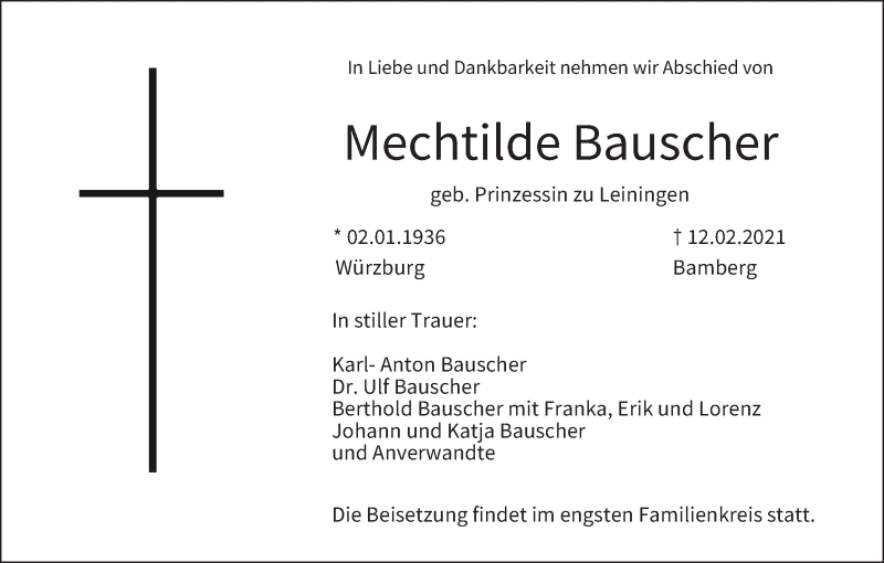  Traueranzeige für Mechtilde Bauscher vom 17.02.2021 aus MGO