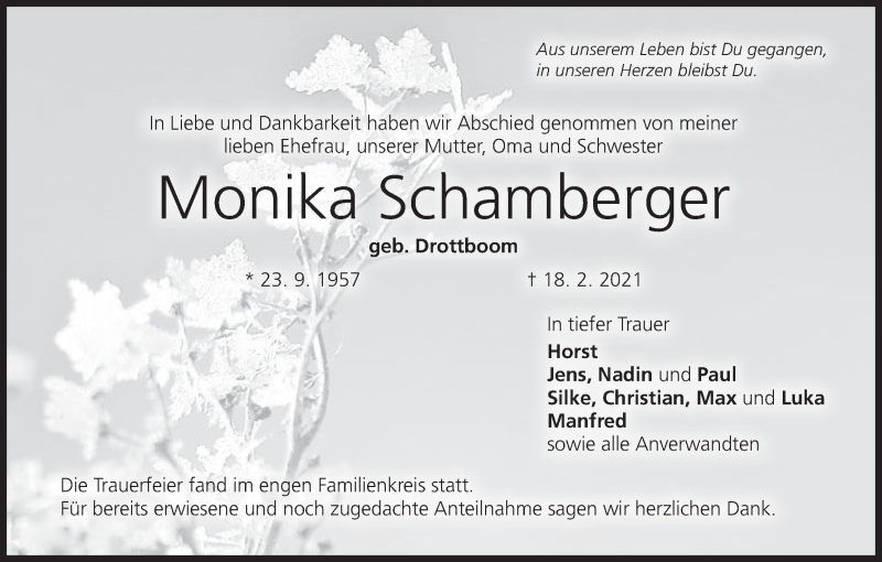  Traueranzeige für Monika Schamberger vom 27.02.2021 aus MGO