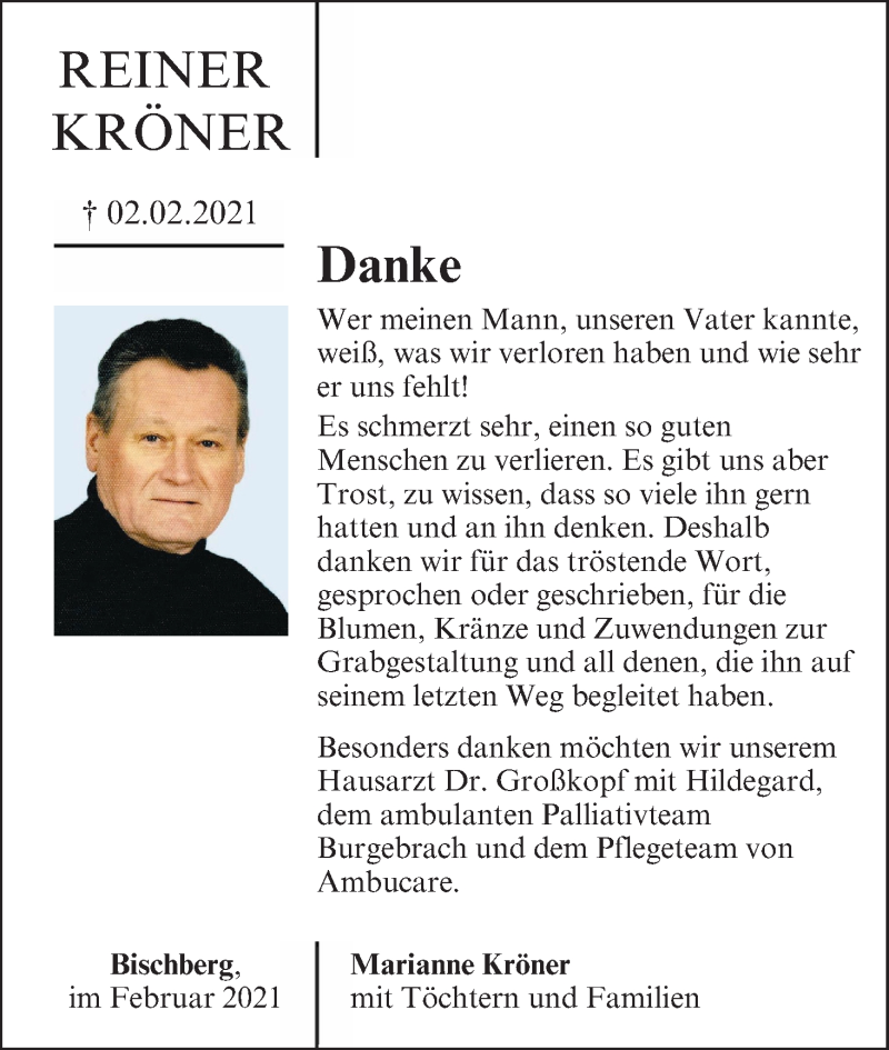  Traueranzeige für Reiner Kröner vom 20.02.2021 aus MGO