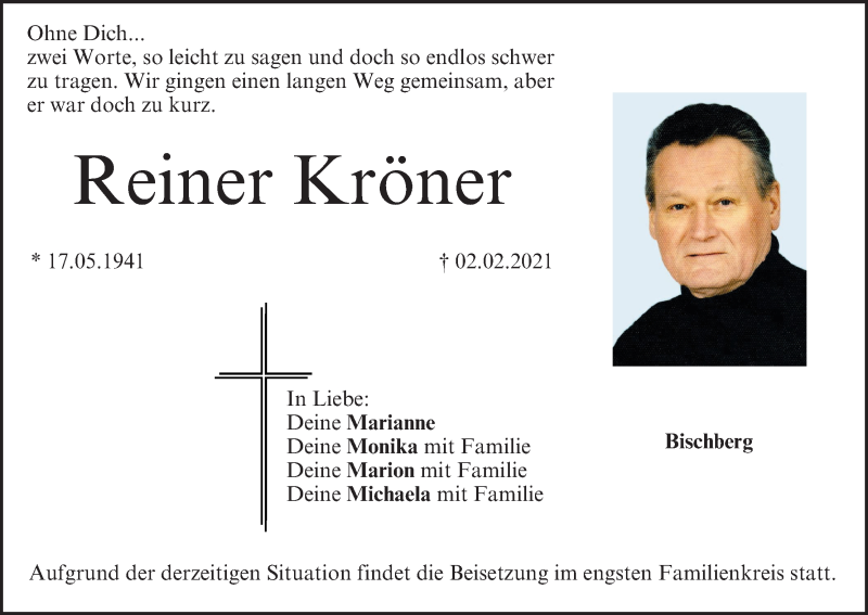  Traueranzeige für Reiner Kröner vom 05.02.2021 aus MGO