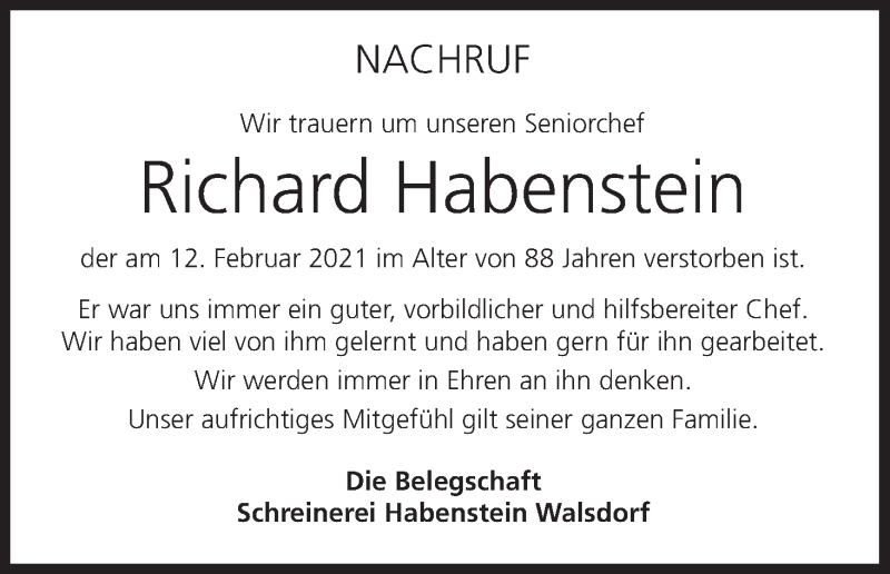  Traueranzeige für Richard Habenstein vom 20.02.2021 aus MGO
