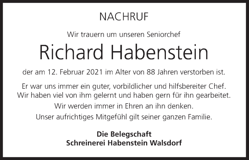  Traueranzeige für Richard Habenstein vom 20.02.2021 aus MGO