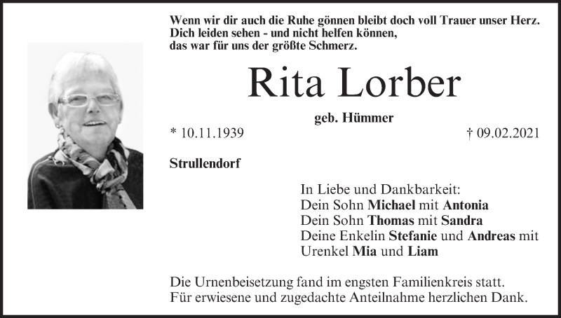  Traueranzeige für Rita Lorber vom 20.02.2021 aus MGO