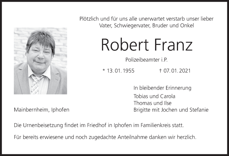  Traueranzeige für Robert Franz vom 06.02.2021 aus MGO