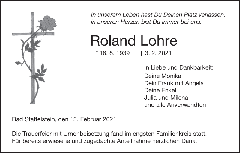  Traueranzeige für Roland Lohre vom 13.02.2021 aus MGO