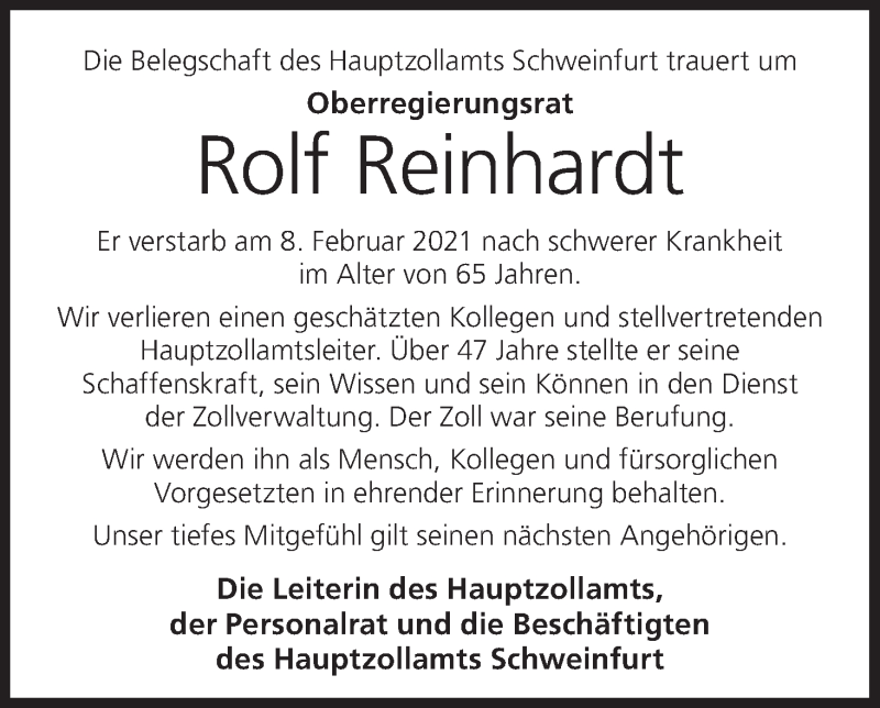  Traueranzeige für Rolf Reinhardt vom 13.02.2021 aus MGO